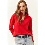 Olalook Women's Red Zipper High Neck Raised Sweater Cene