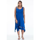 Şans Women's Plus Size Saxe Blue Shoulder And Hem Mesh Detailed Sleeveless Long Viscose Dress Cene