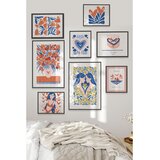 Wallxpert set od 8 uramljenih slika Çgs-034, narandžasto-plavi folk motivi – srca, cvetovi i ženski portreti, crni ram | Eponuda.com