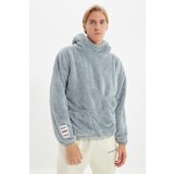 Trendyol Gray Unisex Oversized Hoodie with Label Detail, Double Pocket and Warm Plush Sweatshirt. Cene