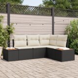 vidaXL 4-delni vrtni kavč set z blazinami Črn poli rattan akacija | Shoptok.si