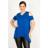 Şans Women's Saxe Blue Plus Size Decollete Asymmetric Cut Viscose Blouse