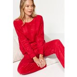 Trendyol Red Polka Dot Velvet Tshirt-Pants and Knitted Pajamas Set Cene