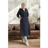 InStyle Flocked Striped Pattern Long Trench Coat - Navy Blue