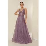 By Saygı Lined with Rope Straps, Sequin Long Dress with Beading Detailed and Embroidered Lilac Cene