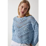 Happiness İstanbul Women's Sky Blue Boat Neck Summer Summer Openwork Knitwear Sweater