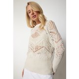  Women's Cream Textured Openwork Knitwear Sweater Cene