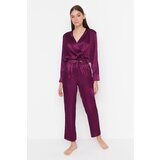 Trendyol Purple Double Breasted Collar Waist Detail Satin Woven Pajamas Set Cene
