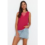 Trendyol Fuchsia V-Neck Mesh Detailed Crepe Knitted Blouse | Shoptok.si