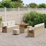 vidaXL 9-delni vrtni kavč set s blazinami bež poli ratan akacija | Shoptok.si