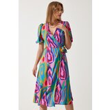  Women's Pink Green Patterned Summer Wrap Viscose Dress | Shoptok.si