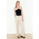 Trendyol Beige Straight/Straight Fit High Waist Ribbed Stitched Woven Trousers