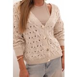 Kesi Włoski Women's openwork sweater with a V-neck and gold buttons beige | Shoptok.si