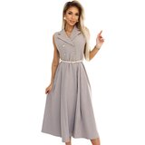 numoco basic 596-2 Elegant midi shirt dress with gold buttons and belt - gray beige | Shoptok.si