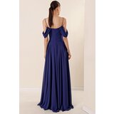 By Saygı Rope Strap Low Sleeve Front Draped Flounce Front Side Slit Lined Long Chiffon Dress | Shoptok.si