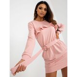 Fashion Hunters Light pink sweatshirt minidress with ruffles and belt Cene