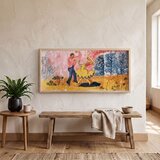 Wallxpert uramljena MDF slika ARTSNTMDL9, par u igri na žutoj livadi, 50 x 120 cm u
