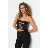 Trendyol Black Faux Leather Heart Collar Back Zippered Crop Bustier