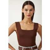Happiness İstanbul Women's Brown Square Collar Knitwear Crop Blouse cene