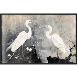  Plakat - Herons and Cherry Blossom - oriental-style illustration depicting birds 30x21 Crni okvir | shoptok.hr