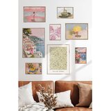 Wallxpert set od 8 uramljenih slika Çgs-060, mediteranski motivi u pastelnim tonovima – primorski grad, limuni, školjke i šara williama morrisa, ram u boji prirodnog drveta | Eponuda.com