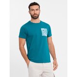 Ombre Men's cotton t-shirt with printed pocket - turquoise | Shoptok.si