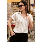 armonika Women's Smoked Linen Striped Short Sleeve Shirt Cene