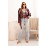 Kesi Włoski Women's short jacket made of eco-leather with a belt and collar burgundy | ePonuda.com