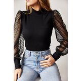 XHAN Women's Black Tulle Sleeve Blouse | shoptok.hr