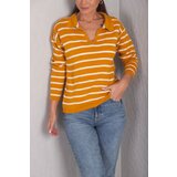 armonika Women's Mustard Striped Polo Neck Knitwear Sweater Cene