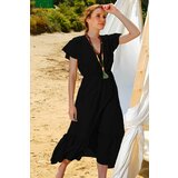 Trend Alaçatı Stili Women's Black Striped Double Breasted Collar Maxi Length Crinkle Dress Cene