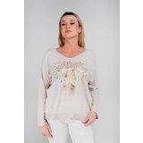 New collection beige blouse with a print with an admixture of linen