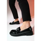 LuviShoes NORMAN Black Patent Leather Stone Buckle Women's Loafer Shoes