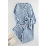 Trendyol Curve Light Blue Double Breasted Wellsoft/Plush Knitted Pajama Set