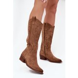 Boto Cowboy Boots With Perforated Pattern On Low Heel Khaki Selirae | shoptok.hr