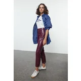 Trendyol Claret Red Faux Leather Cigarette Zippered Woven Trousers