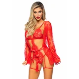 Leg Avenue Teddy, Lace Robe & Ribbon Tie Red L