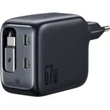 EnerCore CJ11 GaN stenski polnilec z vgrajenim USB-C kablom in 2 vhodoma 67W črne barve