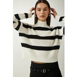 Happiness İstanbul Women's Ecru High Collar Striped Knitwear Sweater Cene
