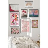 Wallxpert set od 8 uramljenih slika Çgs-021, roze i crveni motivi – cvetovi, flamingo, lepeza i pejzaž u zalasku sunca, crni ram | Eponuda.com