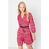 Trendyol Red Retro Printed Skater/Water Knitted Double Breasted Mini Stretch Knit Dress