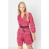Trendyol Red Retro Printed Skater/Water Knitted Double Breasted Mini Stretch Knit Dress