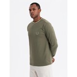 Ombre Men's cotton longsleeve with U neckline with stripes and embroidery - olive | ePonuda.com
