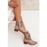 Boto Zazoo 3404 Perforated Cowboy Ankle Boots With Low Heel Leather Dark Beige | shoptok.hr
