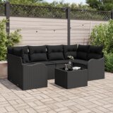vidaXL 7-dijelni vrtni set sofe s jastučićima Crna Poli Ratan, 2-sjedalna vrtna sofa s pohranom i jastučićima Crna Poli Ratan | shoptok.hr