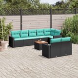  Vrtna garnitura - 9-dijelni set vrtnih sofa od poliratana s jastucima crni - Crna i plava stol + 3x srednja + kutna 1 | shoptok.hr