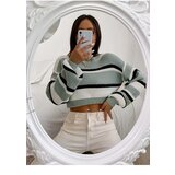 Dewberry 49425 Striped Knit Crop Women Sweater-LIGHT GREEN | shoptok.hr