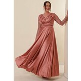 By Saygı Plus Size Long Satin Evening Dress with Tulle Shimmer Detailed Front Pleats on the sleeves Copper. Cene
