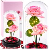 Eternal Roses in Dome with LED Lighting and Rose Petals Pink 21x11cm Cene