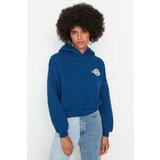 Trendyol Indigo Back Print Detail Hooded Raised Crop Knitted Sweatshirt cene